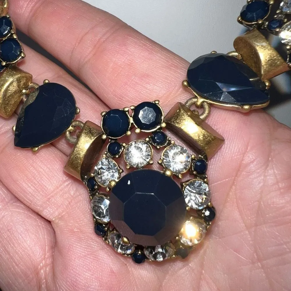 J. Crew Navy Blue Rhinestones Bib Gold Tone Statement Necklace - Image 6