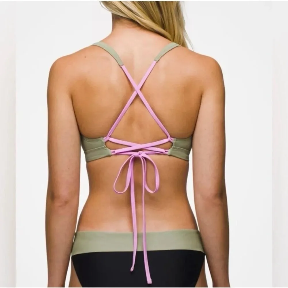 Prana Tulum Bikini Top Lace Up Removable Cups Green Pink Black Colorblock XL - Image 2