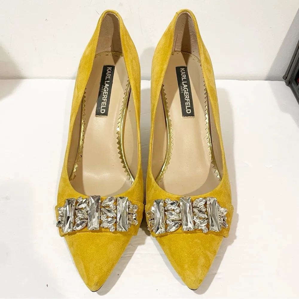 Karl Lagerfeld Size 9.5 Mustard Yellow Leather Rada Crystal Pumps - Image 2