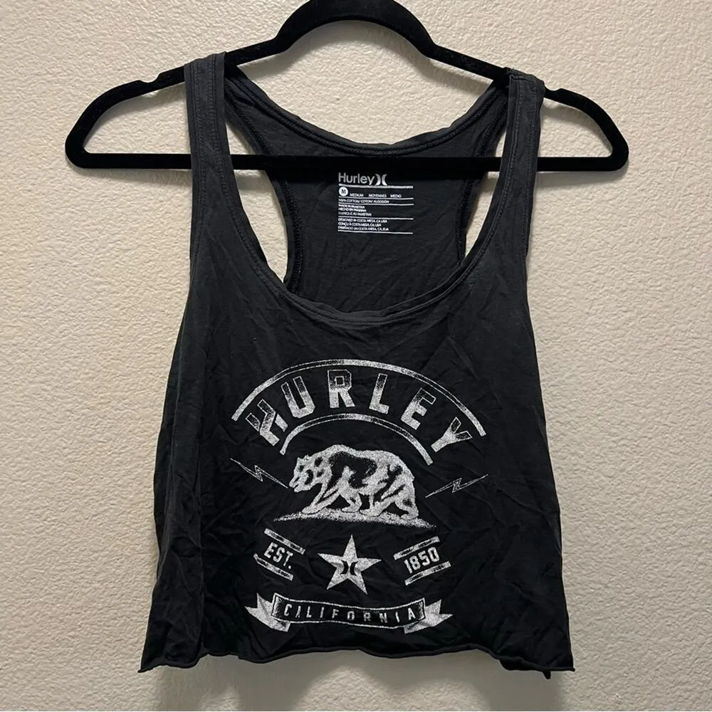 Hurley California Black Cropped Tank Top Graphic Beach Tee Size Medium - Image 2