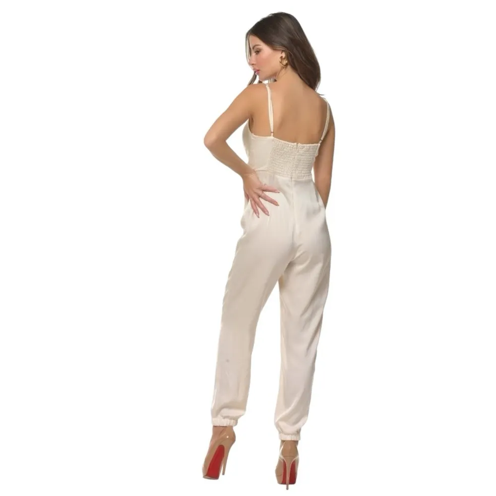 DO+BE Satin Front Knot Twist Spaghetti Strap Jumpsuit in Ivory - Image 4