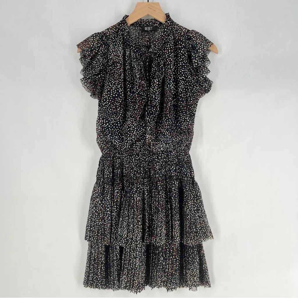RESET Jenna Dress‎ Multicolor Polka Dot Smocked Waist Ruffle Sleeve Dress Size M Black Size M - Image 2