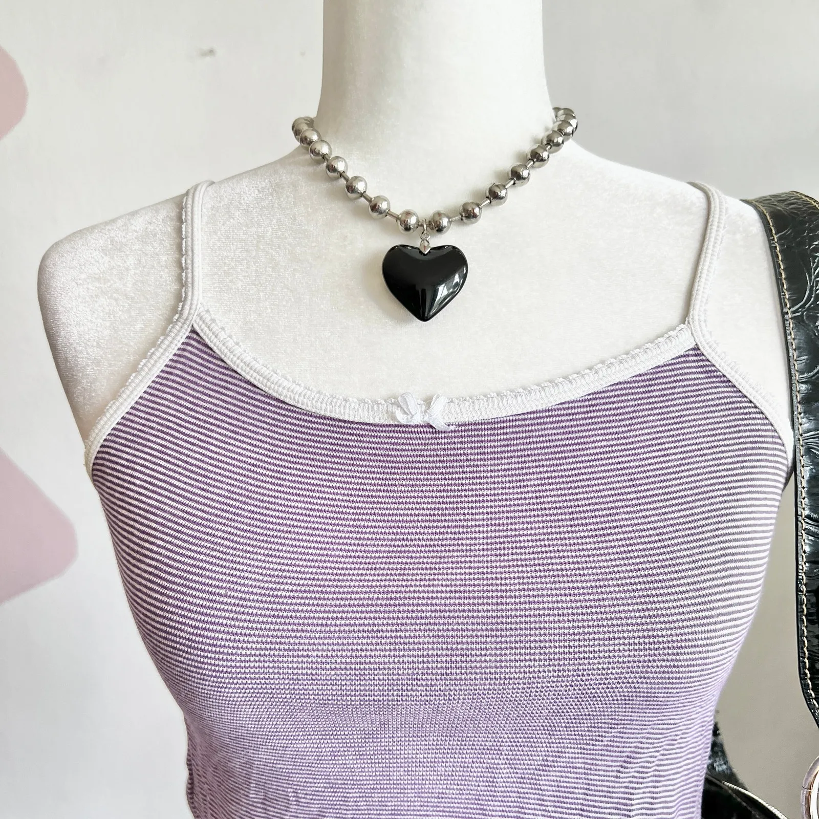 Purple Striped Lace Trim Tank Top, Vintage Y2K Soft‎ Grunge Indie Sleaze Small - Image 2