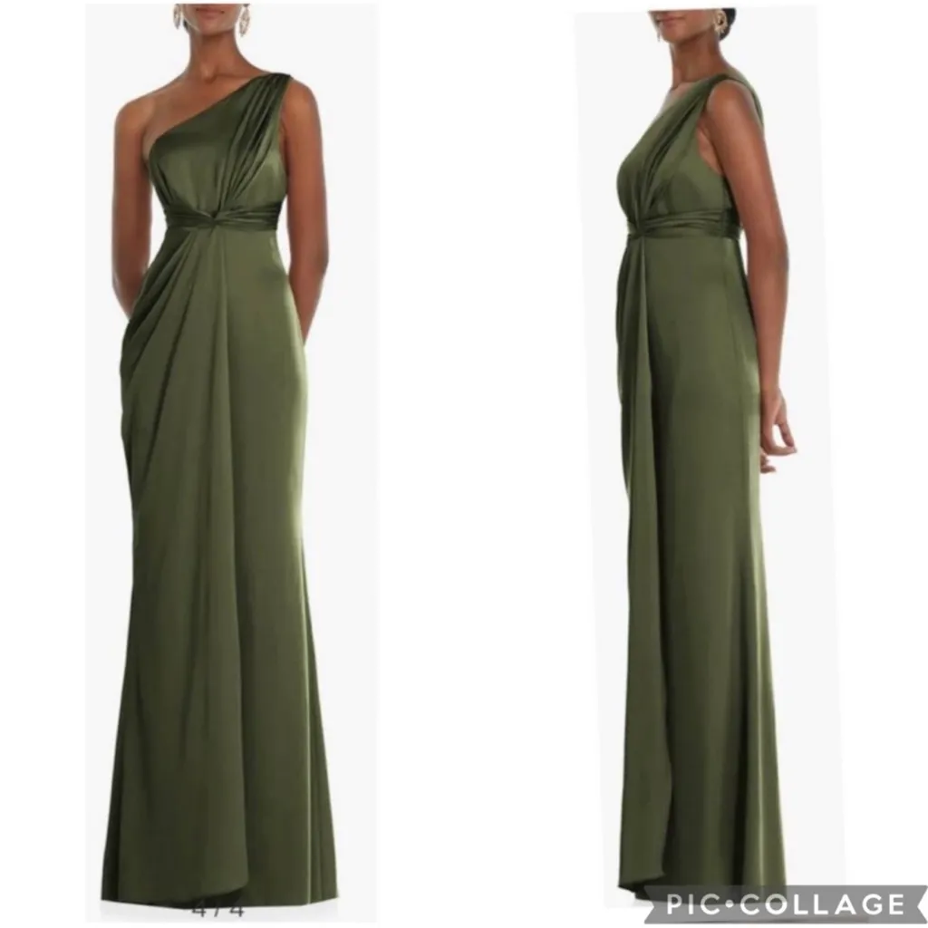 Dessy Collection 3111 One Shoulder Satin Gown Olive Green 22W - Image 3