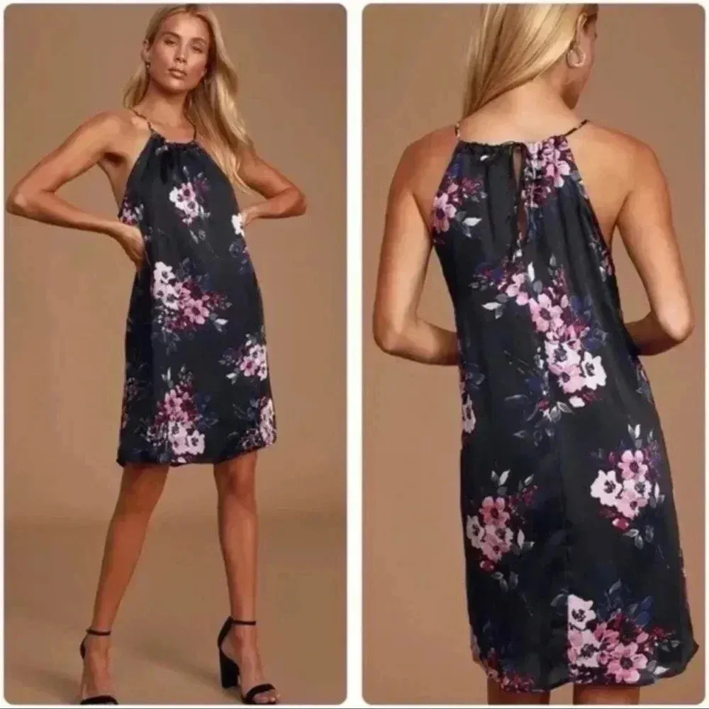 LuLus Filled With Love Black Satin Floral Print Halter Swing Dress S - Image 2