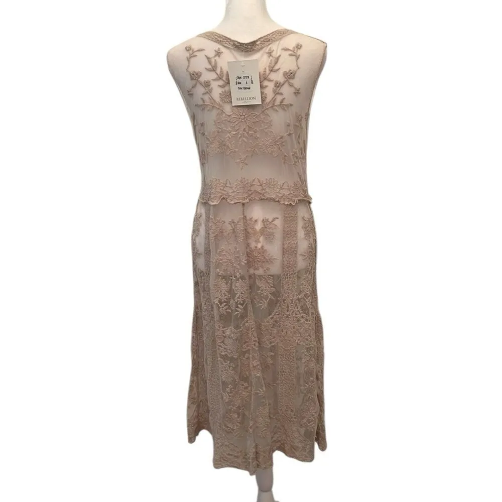 NWT Rebellion szS “oatmeal” color long lace embroidered vest cover up kimono - Image 2