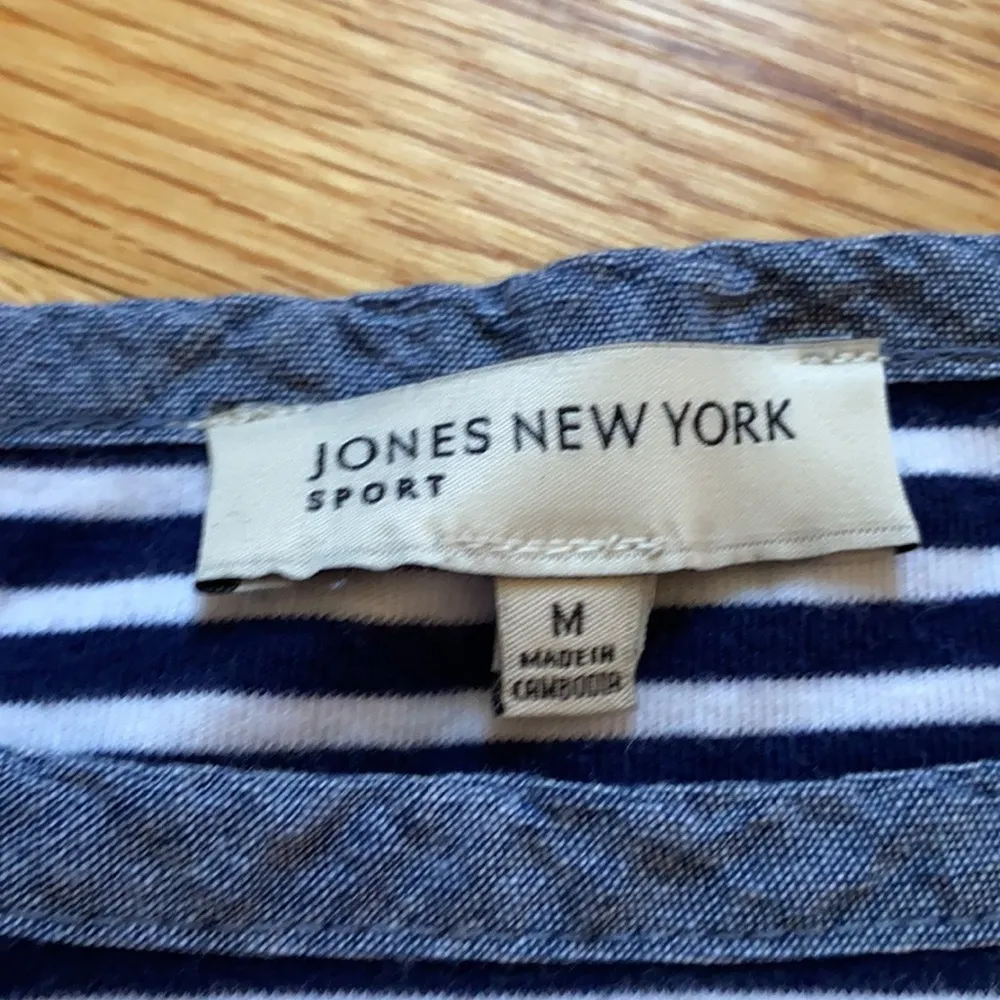 Jones NY navy white stripe 3/4 sleeve top denim chambray elbow patches boat neck - Image 5