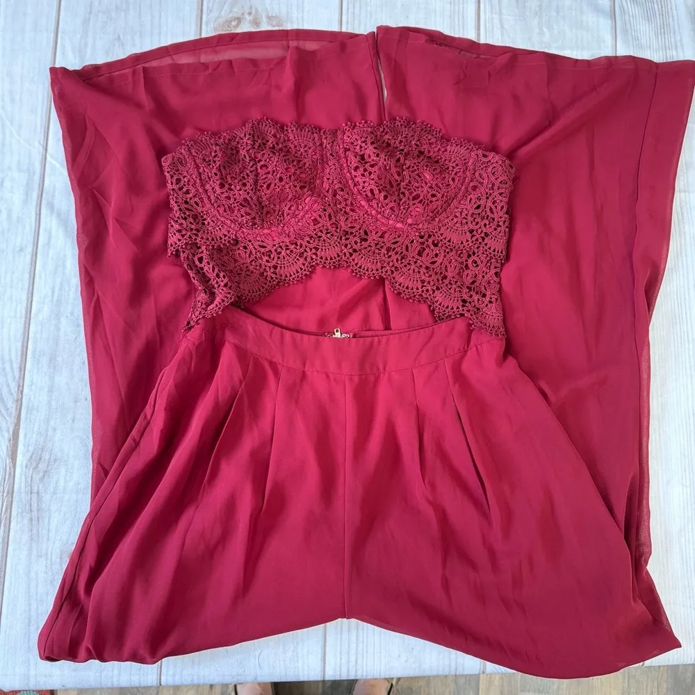 Burgundy Maroon Lace Top Bare Midriff Open Back Jumpsuit Wide Leg Sheer Overlay - Image 6