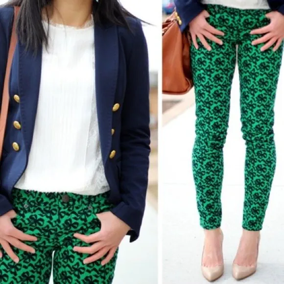 J Crew Toothpick Bow Printed Pattern Skinny Cords Jeans size 26 Kelly Green - Image 2
