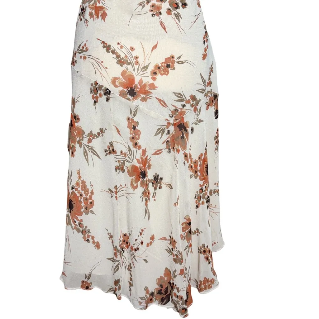 Banana Republic 100% Silk 2006 Floral Midi Skirt 4  Asymmetric Beige Ruffled Hem - Image 2