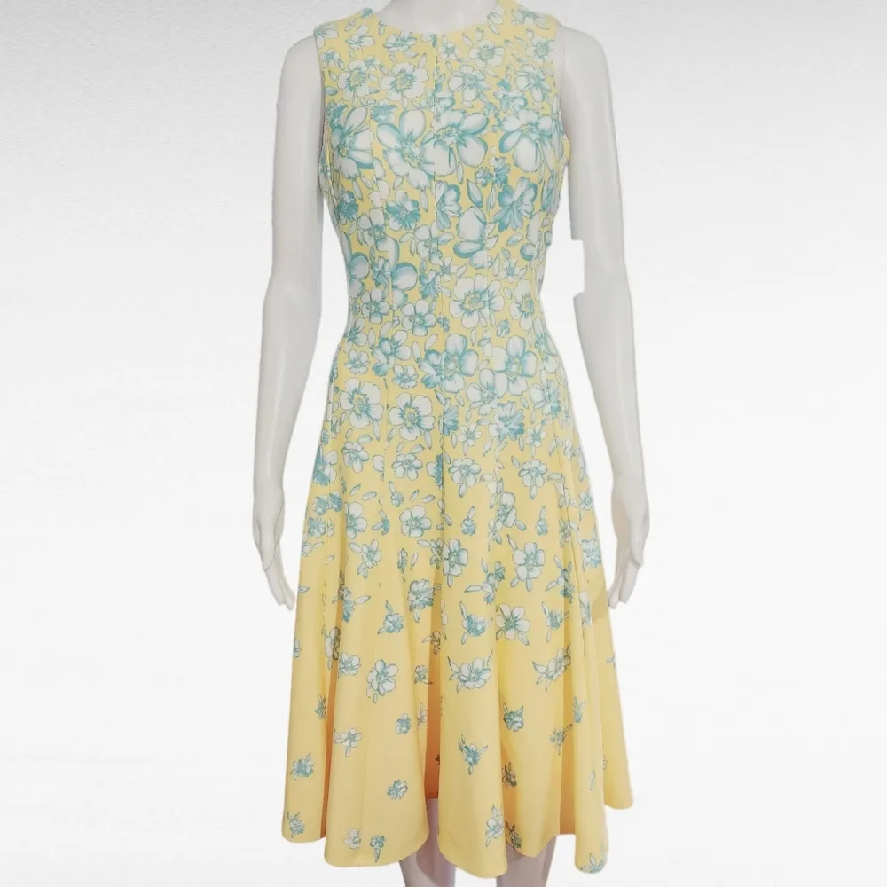 Danny & Nicole Yellow Aqua Floral Scuba Fit & Flare Midi Dress Size 6 - Image 3
