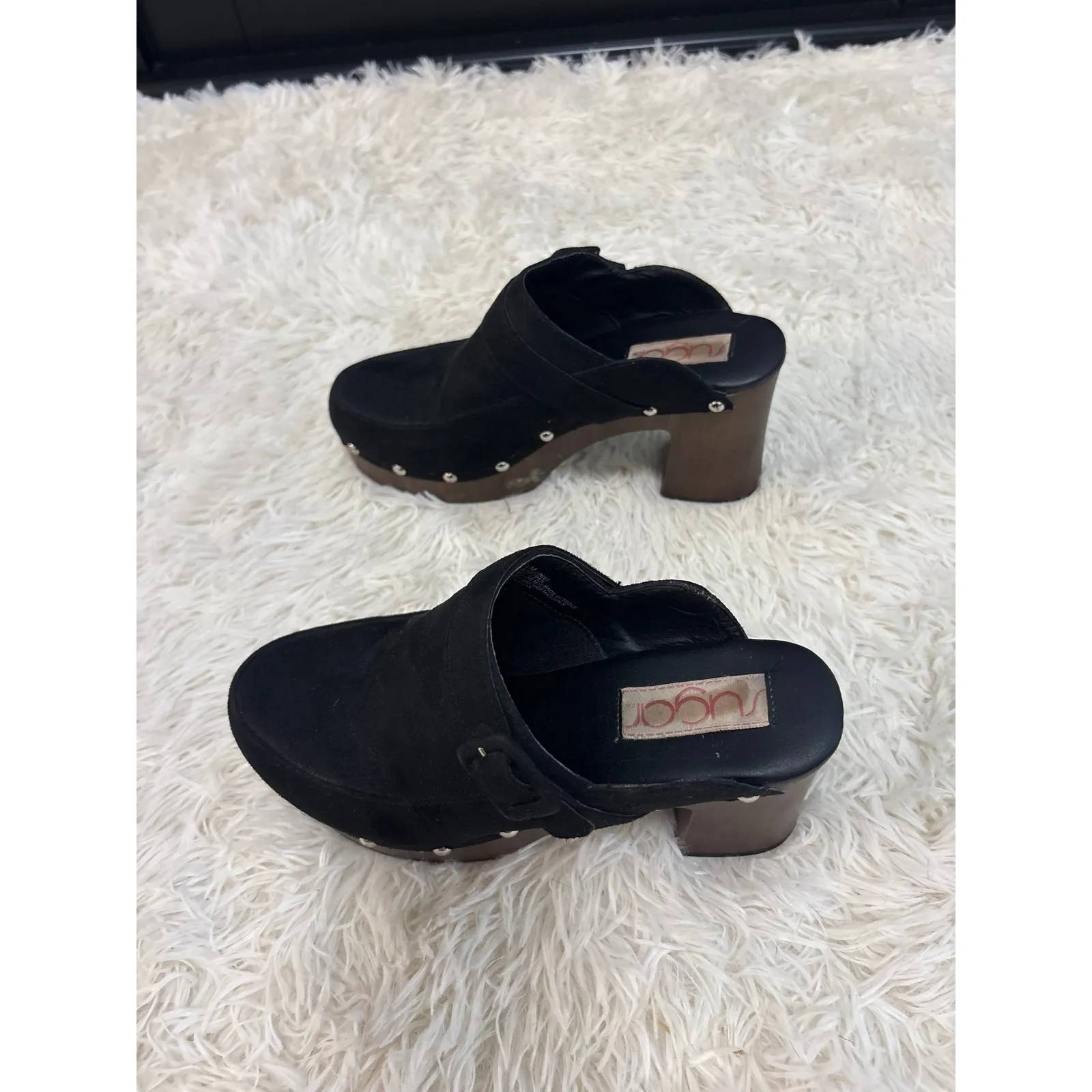 Sugar‎ Black Suede Clogs Platform Studded Heel 7.5M Brown Wood Size 7.5 - Image 4