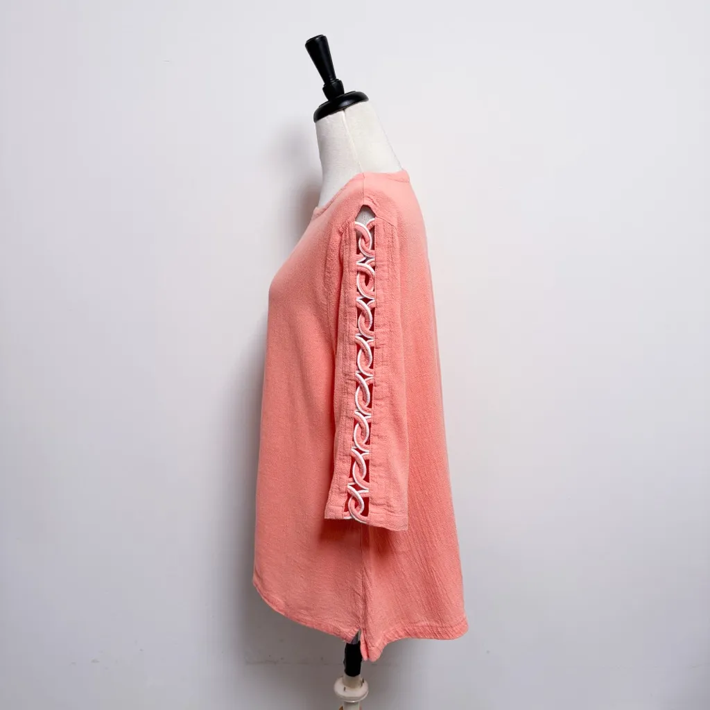 Lulu B Peach Textured Cotton Boat Neck 3/4 White Braided Sleeve Tunic Large Orange - Image 4