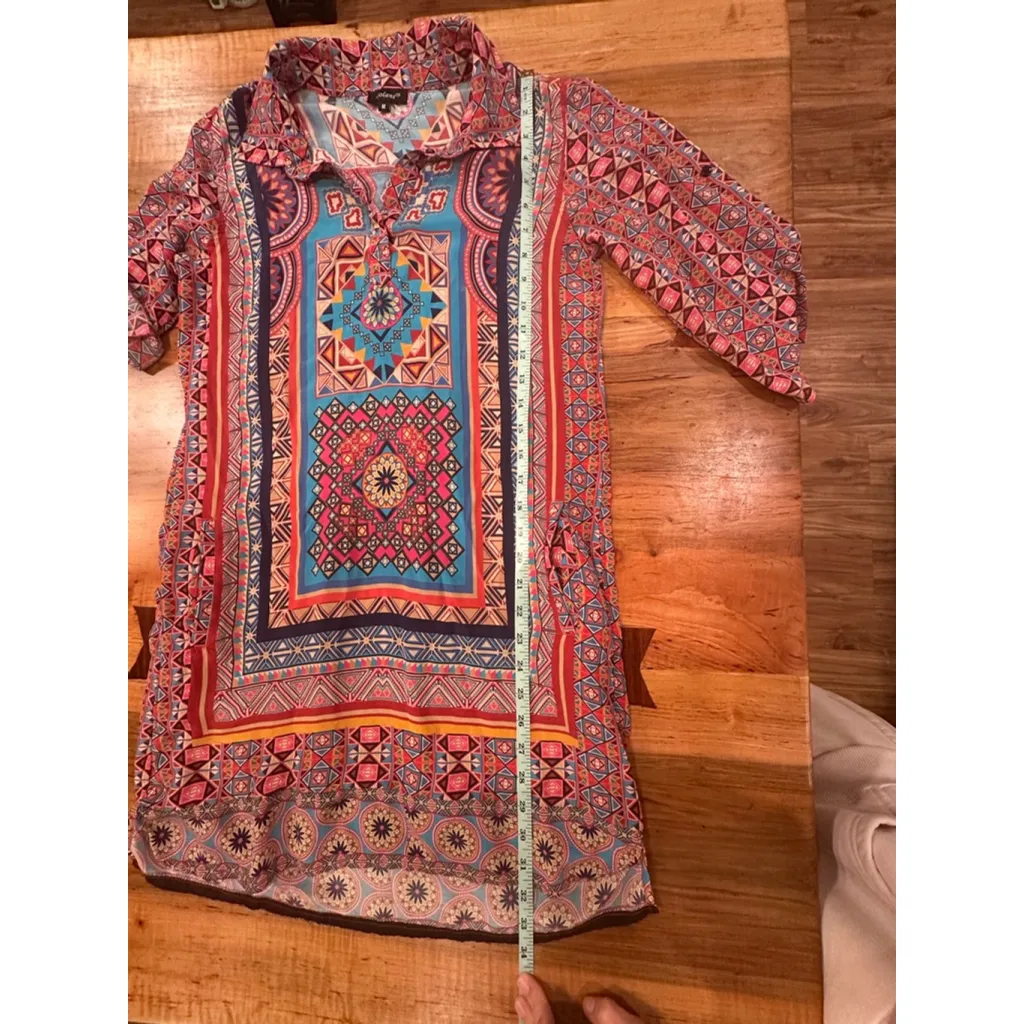 Women's Tolani Long Sleeve Dress M Red Blue Geometric Silk - Image 10