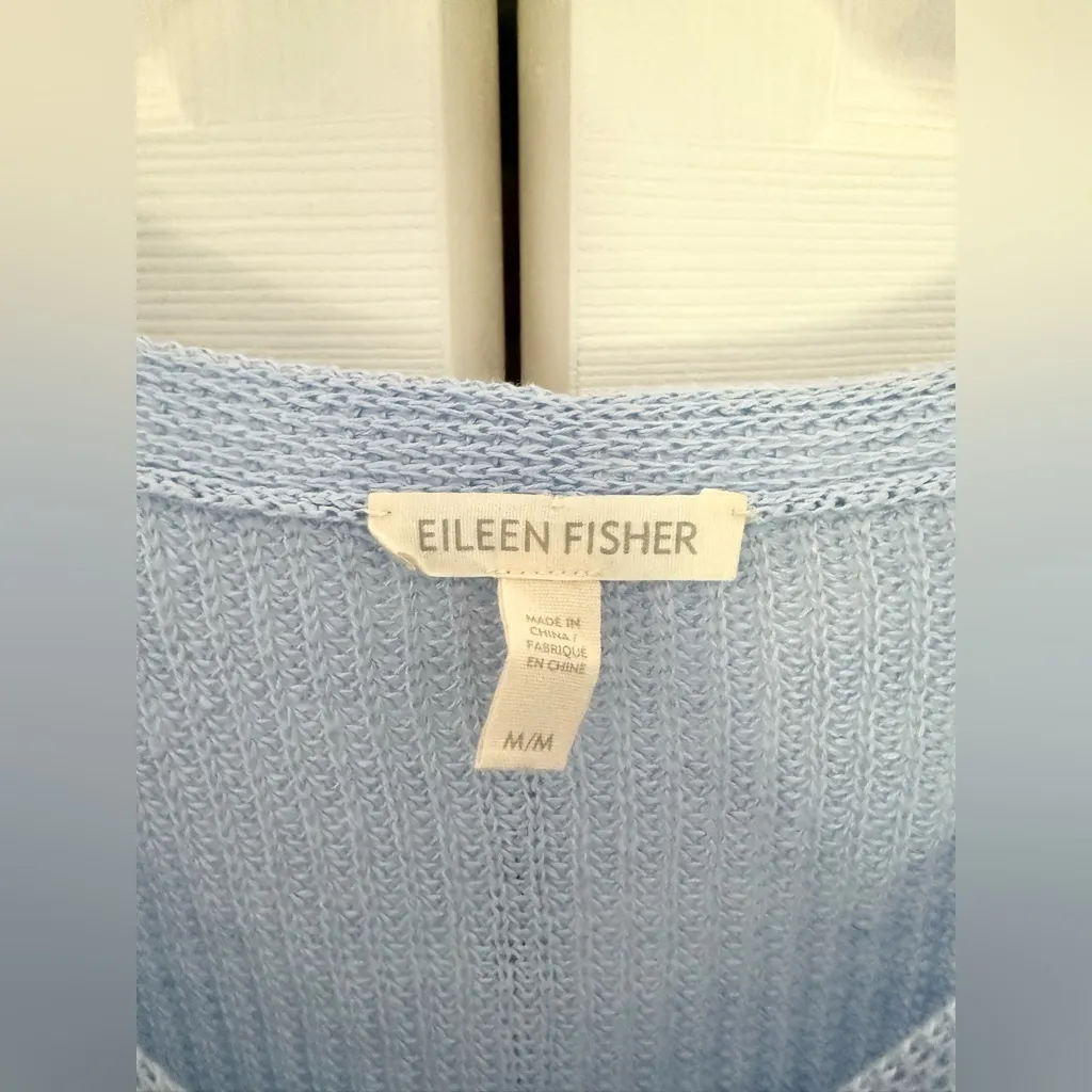 Eileen Fisher Cornflower Blue Organic Linen V-Neck Open Knit Sweater Size Medium - Image 4