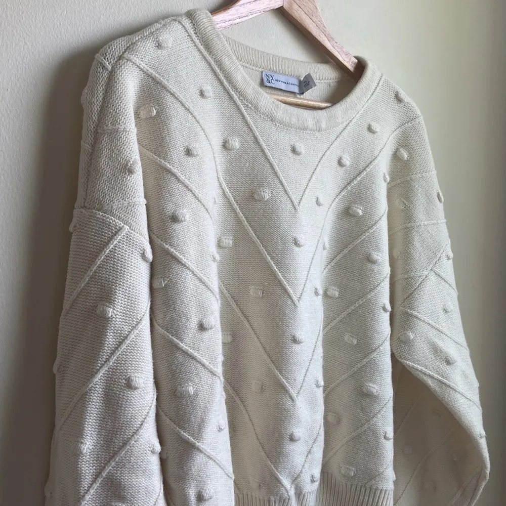 New York Co Long Sleeve Chevron Knit Sweater (Sz XL) Cream Bobble Pom Pom - Image 4