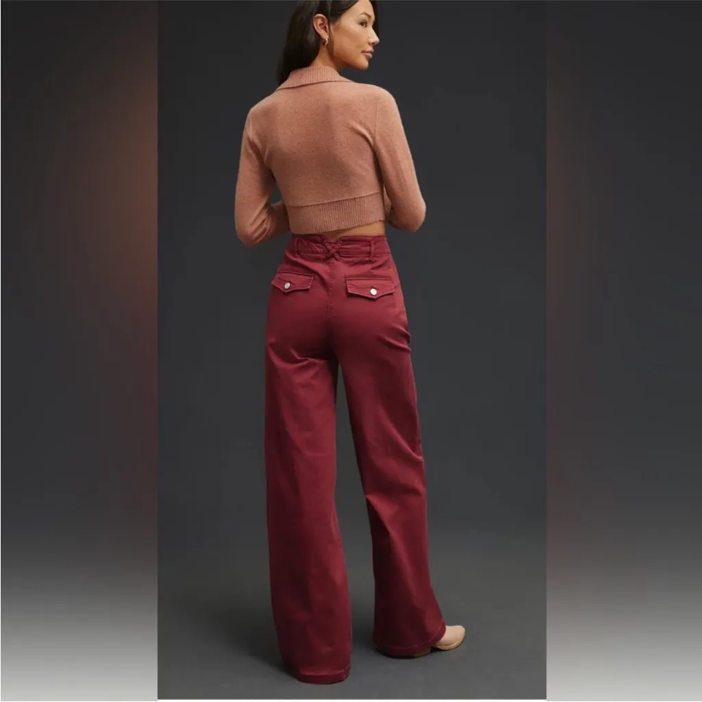 Anthropologie Maeve Wide Baggy High Rise Button Fly Jeans | Burgundy Red | 29 - Image 3