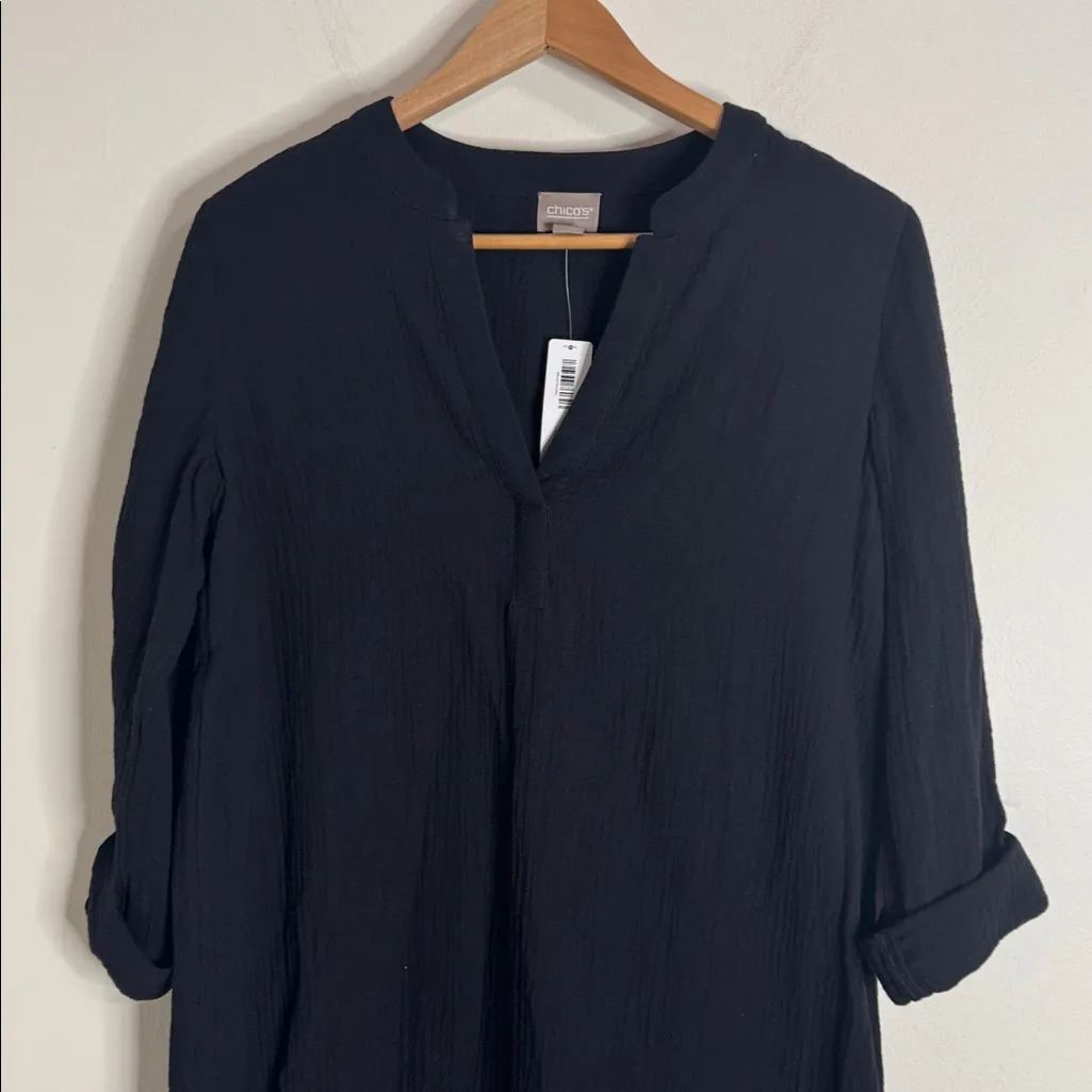 Chico's Gauze Roll Tab Sleeve Notched V-Neck Cotton Tunic Dress size US 8 - Image 3