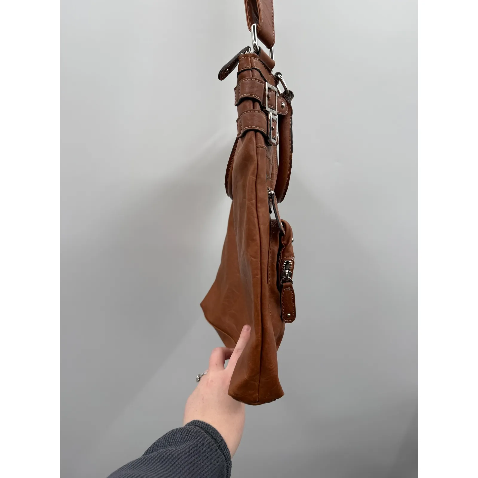 Nine West Brown Faux Leather Crossbody Bag Studded Zip Pocket Shoulder‎ Purse - Image 6