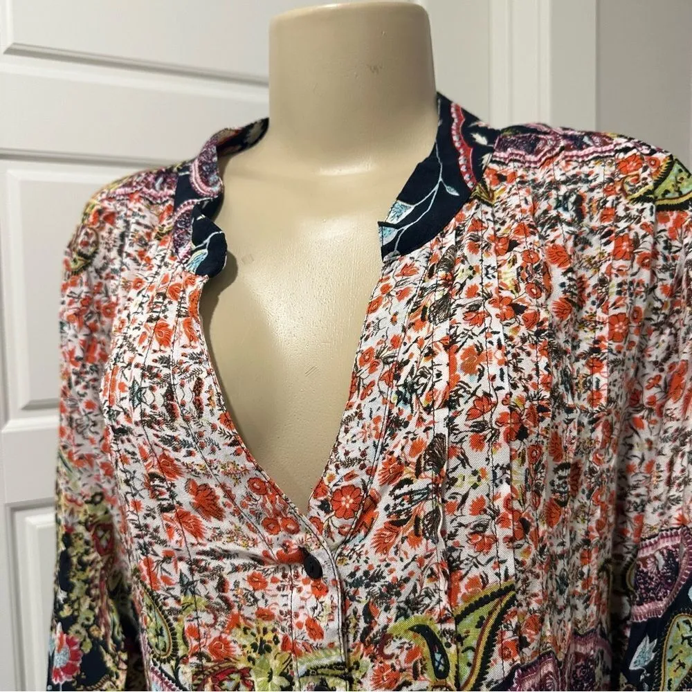 Phool Womens Floral Paisley Print Pleated Top Size 2X Boho Patchwork Y Neck - Image 8