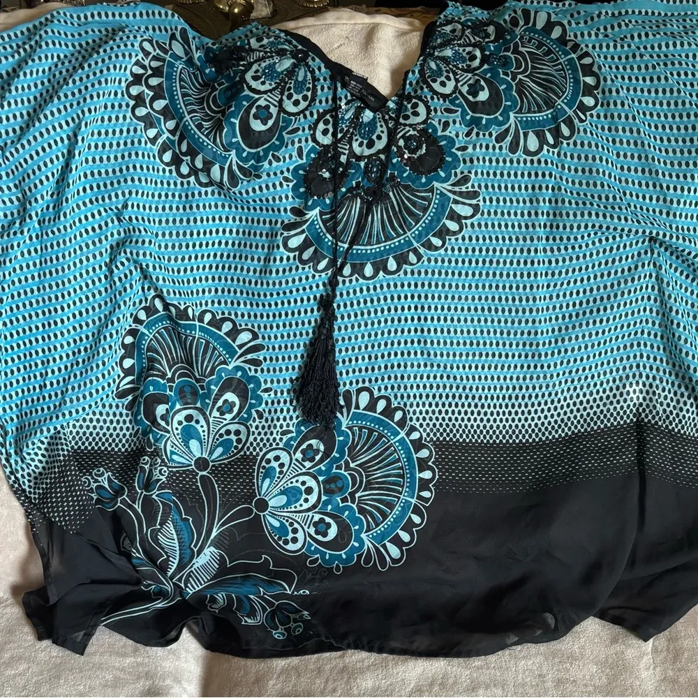 Swimsuit cover up Blue and Black Sheer design Embelished tassel women’s M/L Size undefined - Image 2