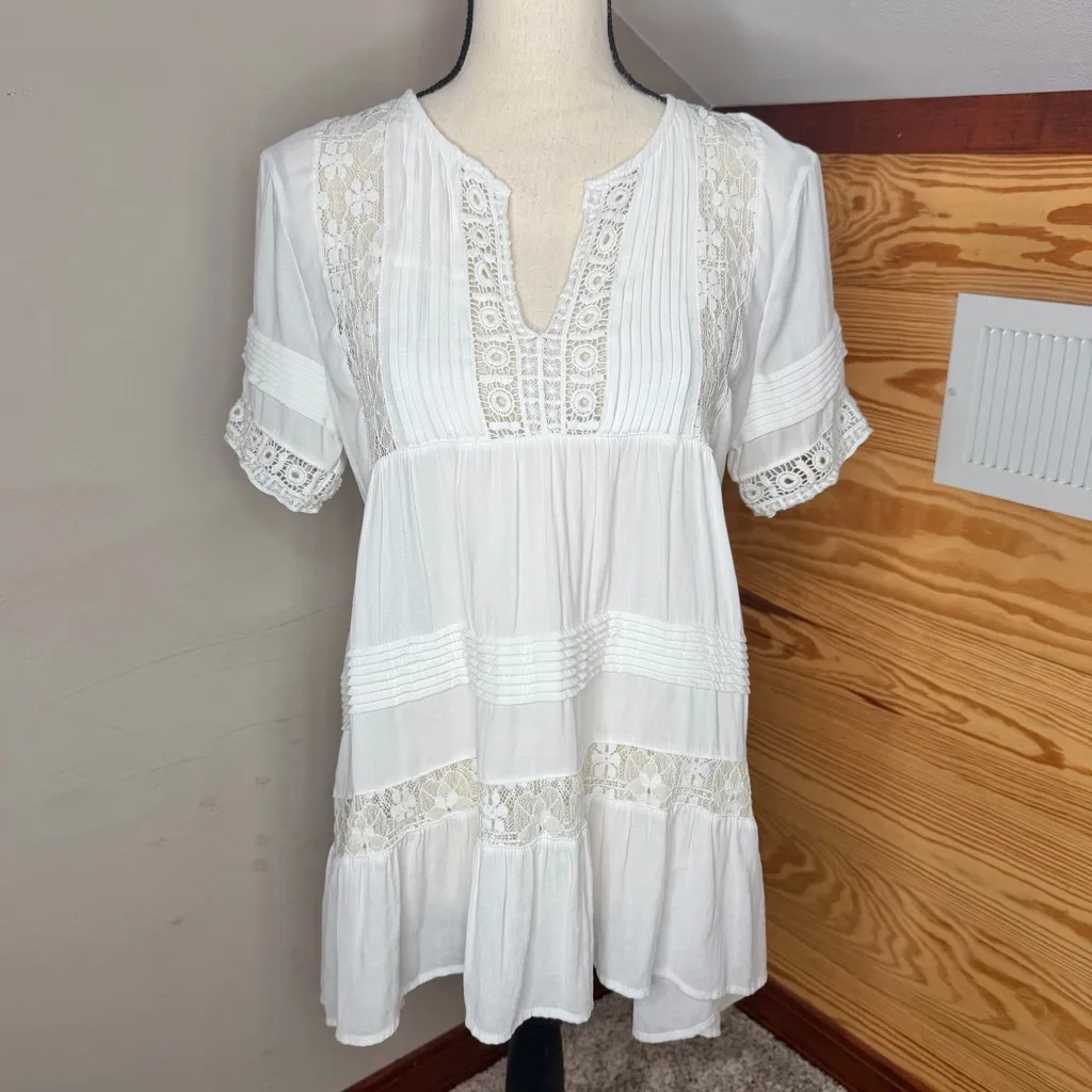 Anthropologie Maeve Tiered Lace V-Neck Tunic Blouse White Small S Crochet Boho - Image 2