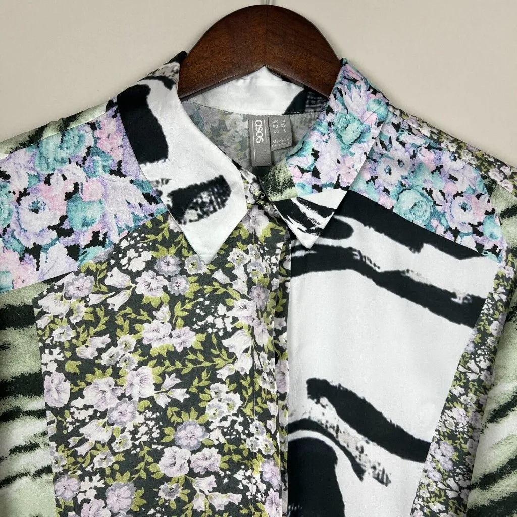 ASOS Blouse Top Womens 6 Multicolor Animal Floral Pattern Button Up Satin Collar - Image 3