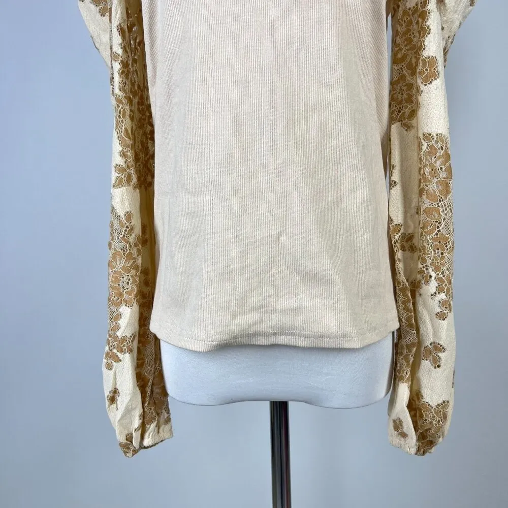 NWOT Anthropologie DOLAN Lace Puff-Sleeve Top Cream Size M Long sleeve - Image 5