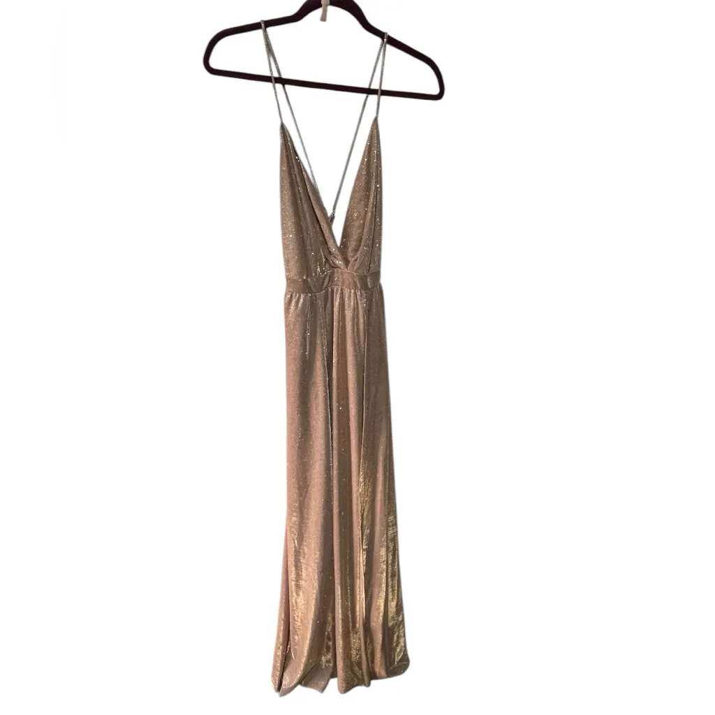 SYMPHONY WOMEN LONG ROSE GOLD FORMAL GLITTER DRESS WITH CRISS CROSS SPRAPS SZ LG - Image 2