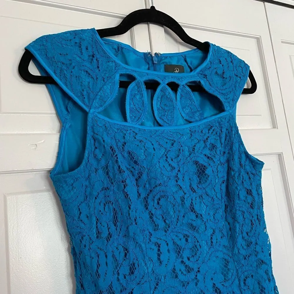 Adrianna papell blue cut out neckline lace dress size 4 - Image 4