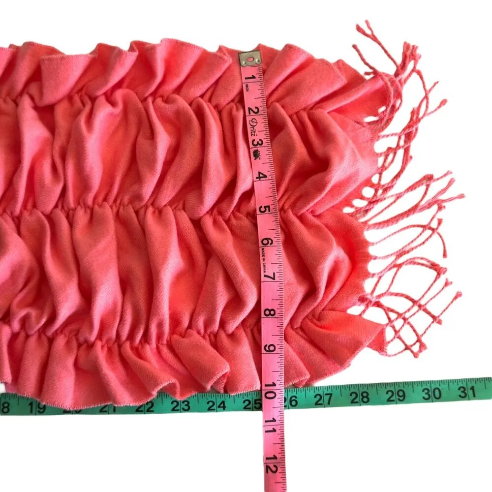 So Soft! Smocked Ruffled Coral Acrylic Scarf With Fringe Cashmere Feel Pink - Image 6