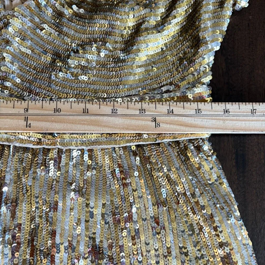 Dolce Jovani Silk Gold Sequin Mini Dress Size 12 Bubble Hem Skirt Cocktail - Image 7