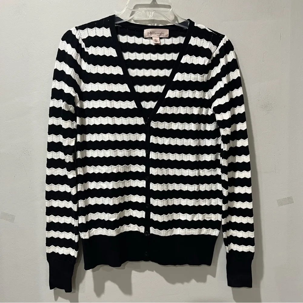 ANTHROPOLOGIE PHILOSOPHY Cardigan Women Small Black White Button Up Knit Sweater - Image 2