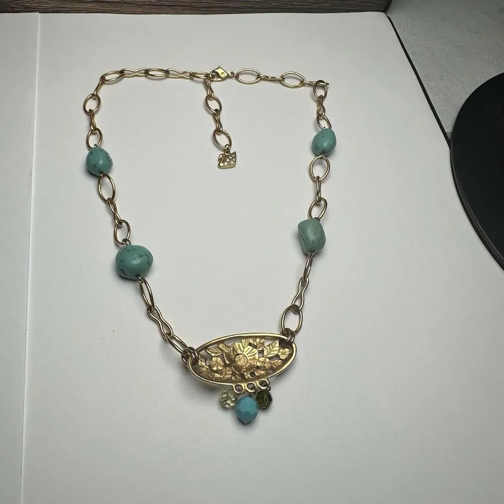 Swarovski Crystal Blue Bead & Enamel Necklace Gold Tone (Swan Signed) - Image 10