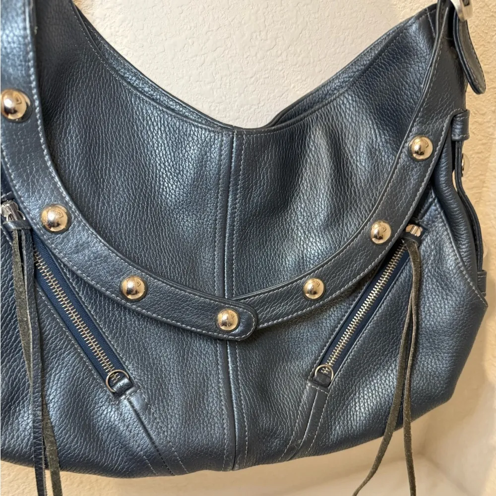Botkier TRIGGER Mermaid Blue Moto Leather Hobo Shoulder Bag Studded Fringe - Image 3