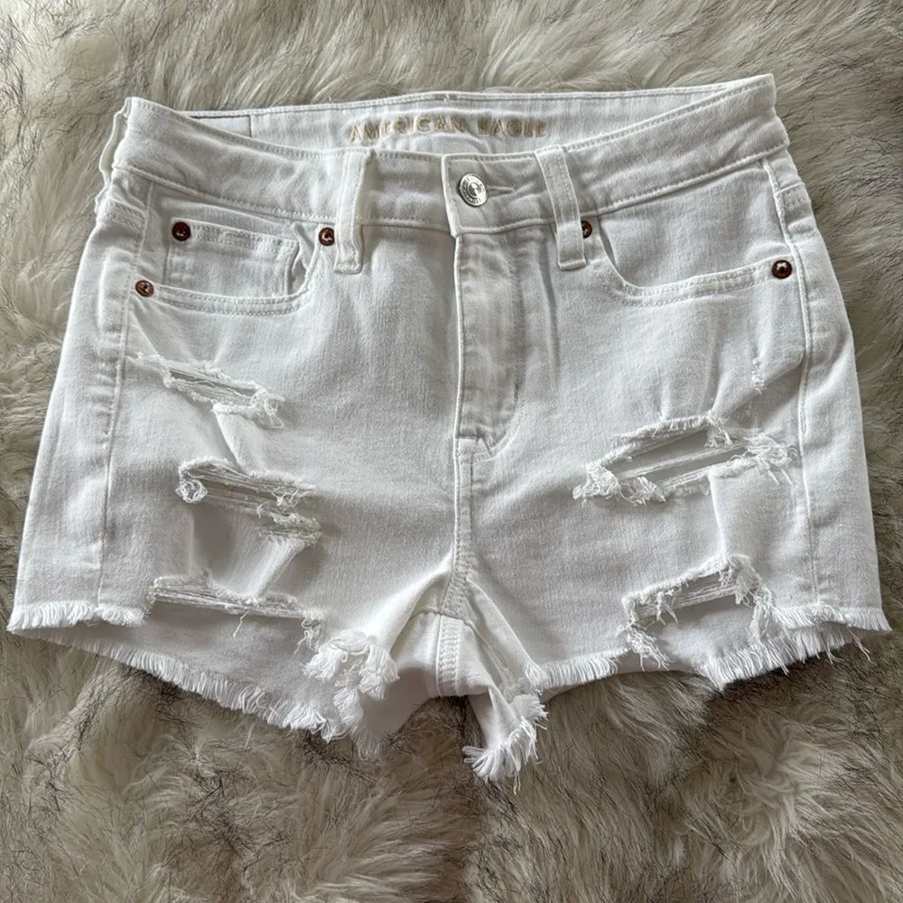 American Eagle AEO White Distressed High Rise Denim Shortie Shorts - Image 2