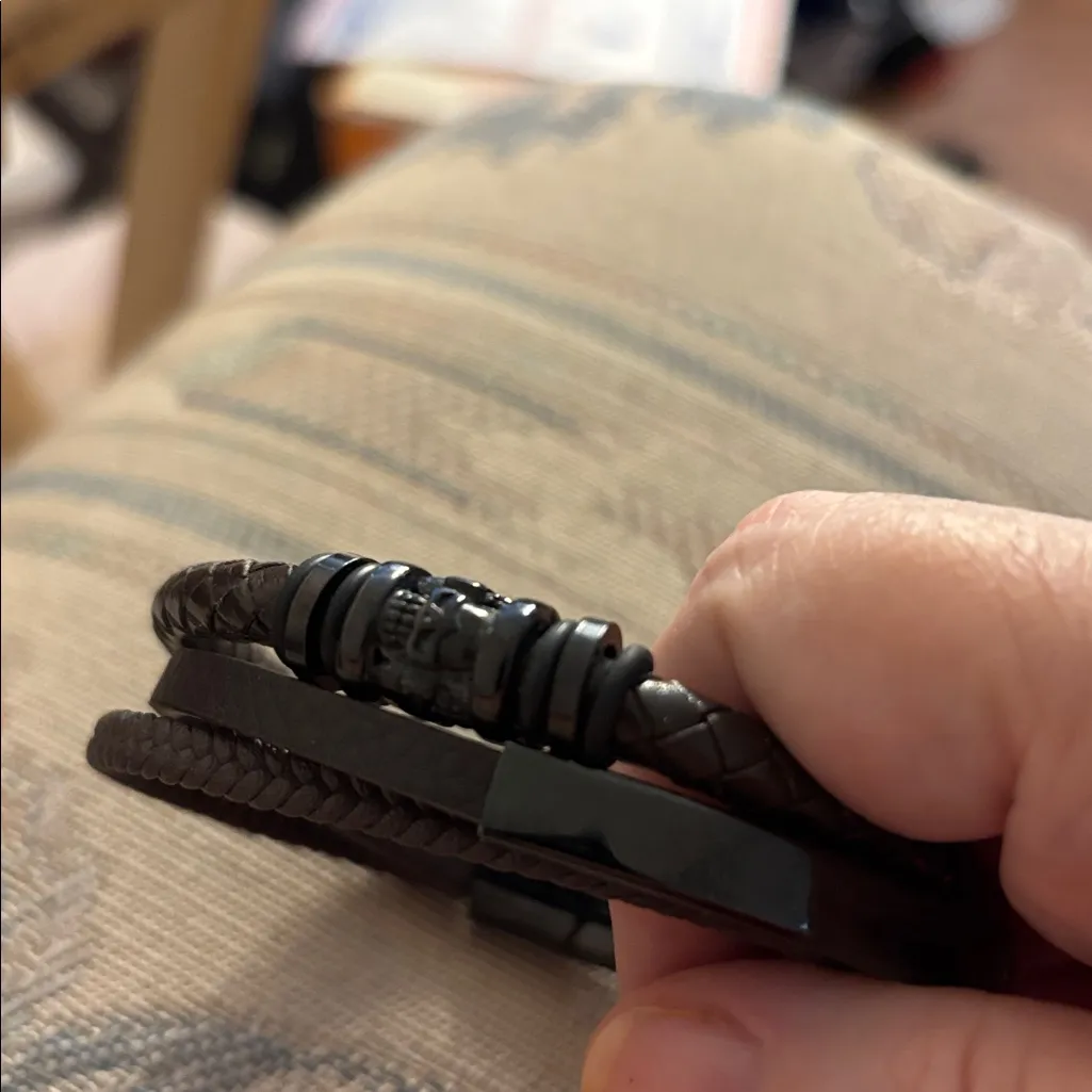 Braided Leather Bracelet with Black Accents Brown - Image 3