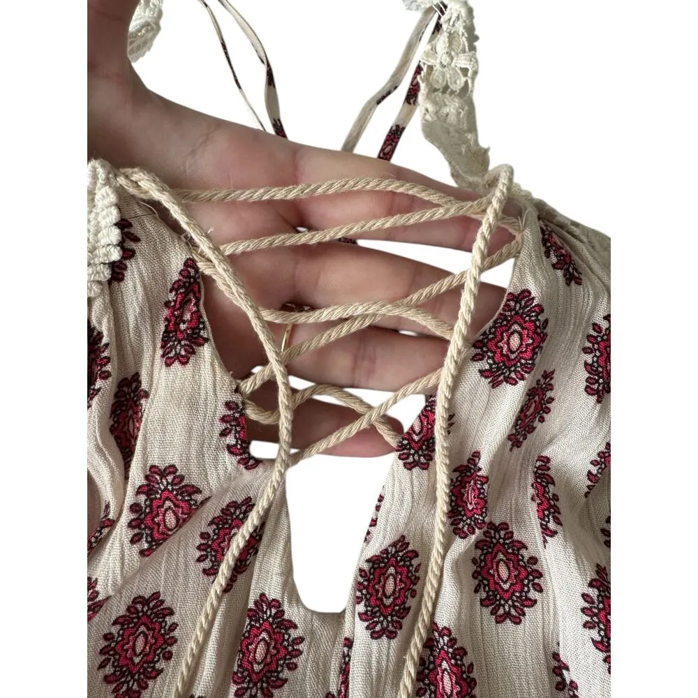 Illa Illa Boho Lace Crochet Strap Tunic Top S Cream Red Floral Crinkle Tank - Image 4