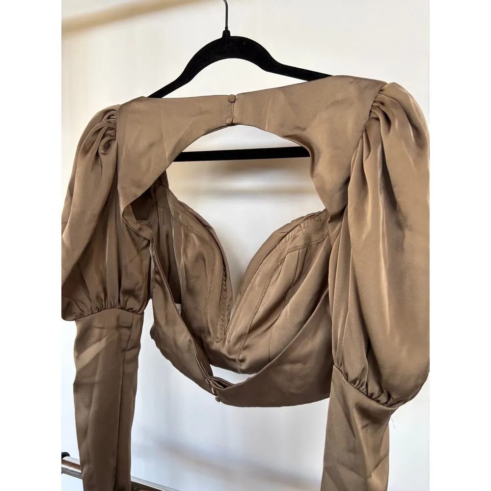 Mistress Rocks Tie Not Olive Silky Backless Corset Rave Puff Sleeve Blouse Small Brown - Image 6