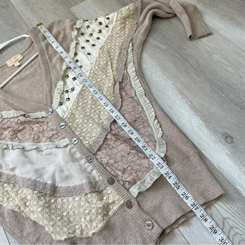 Bohemian Patchwork Cardigan mixed media lace studded woemns Beige (small) hippie Tan - Image 6