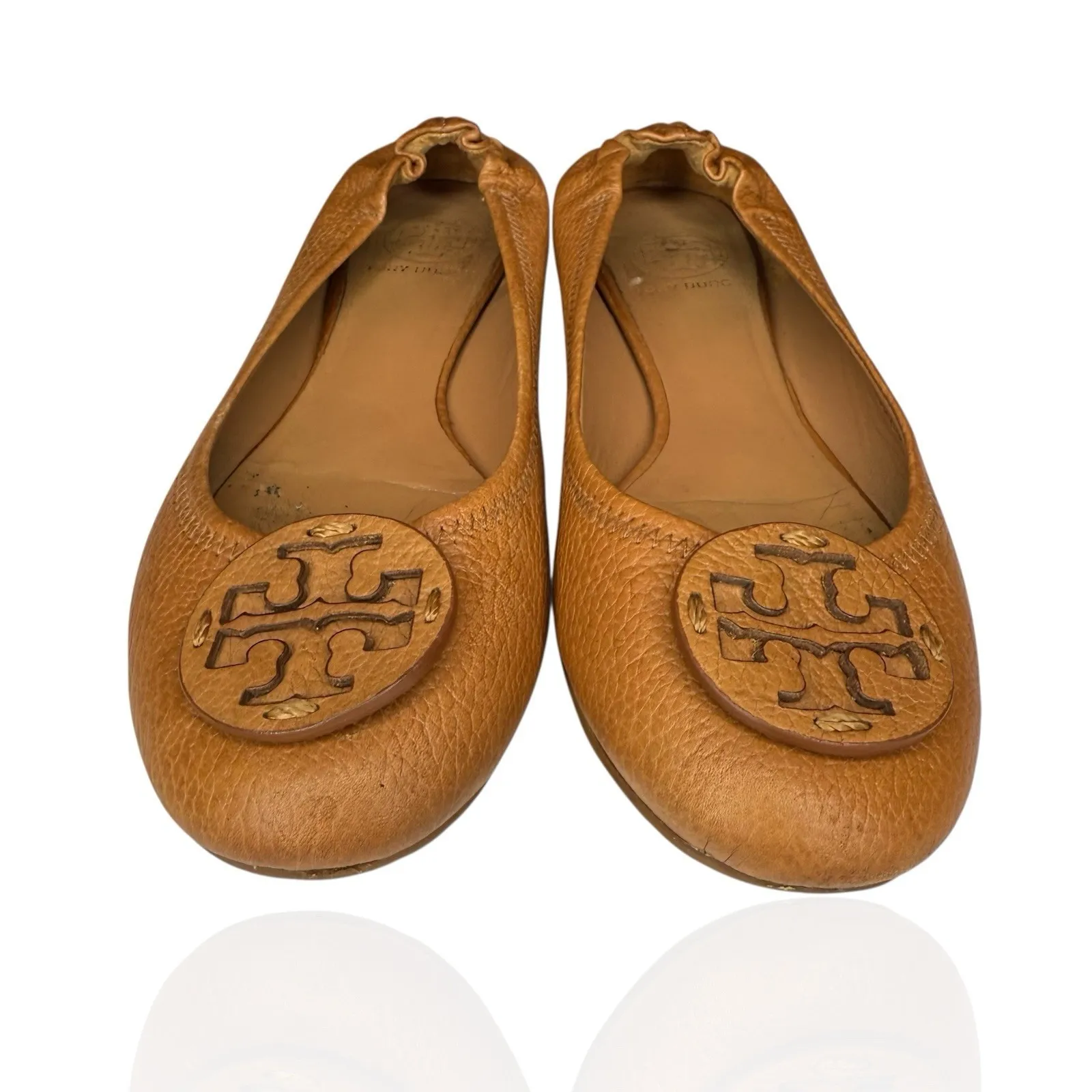 Tory Burch Reva Pebbled Leather Ballet Flats Royal Tan Camel Women Shoe Size 8M - Image 2