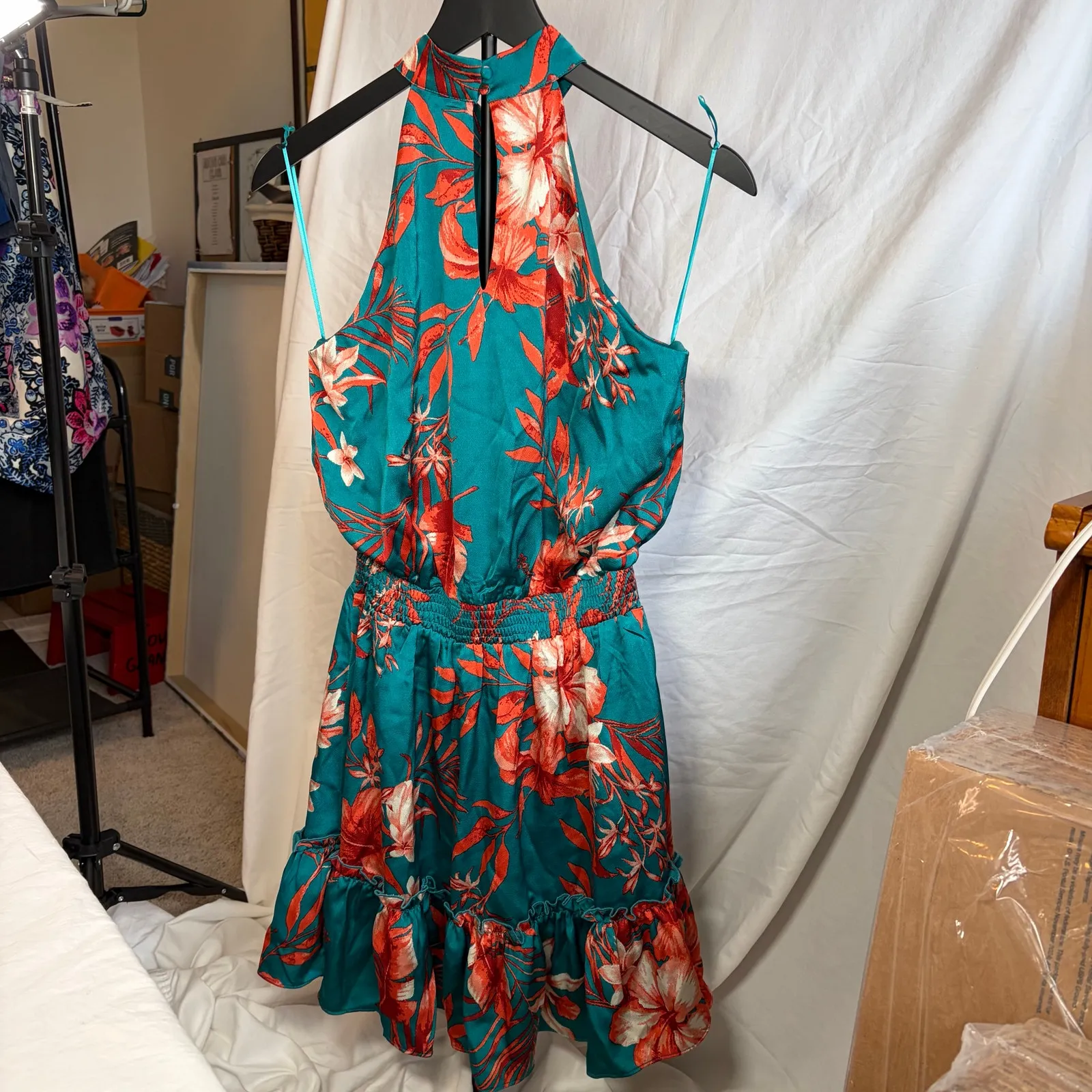 Sweet Lemon floral tropical halter dress. Teal orange. Size S. Mini dress. Green - Image 9
