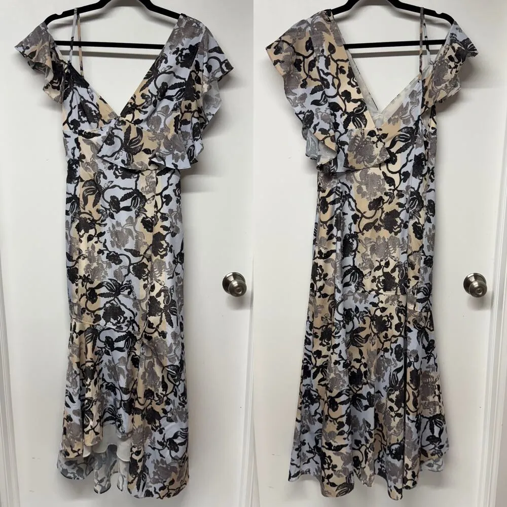 ADEAM Floral Fiesta Maxi Gown Dress Womens Size 4 Blue Beige Black Ruffled - Image 3