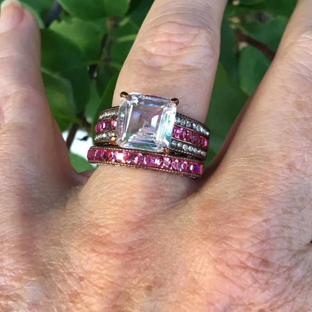Pink & Clear CZ Stackable Ring Set – Coffee Stainless Steel, Size 8 Brown - Image 2