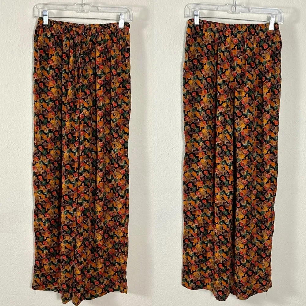 Vintage 90s Wide Leg Pull On Rayon Printed Pants Size 4 Fall USA Brown Orange - Image 2
