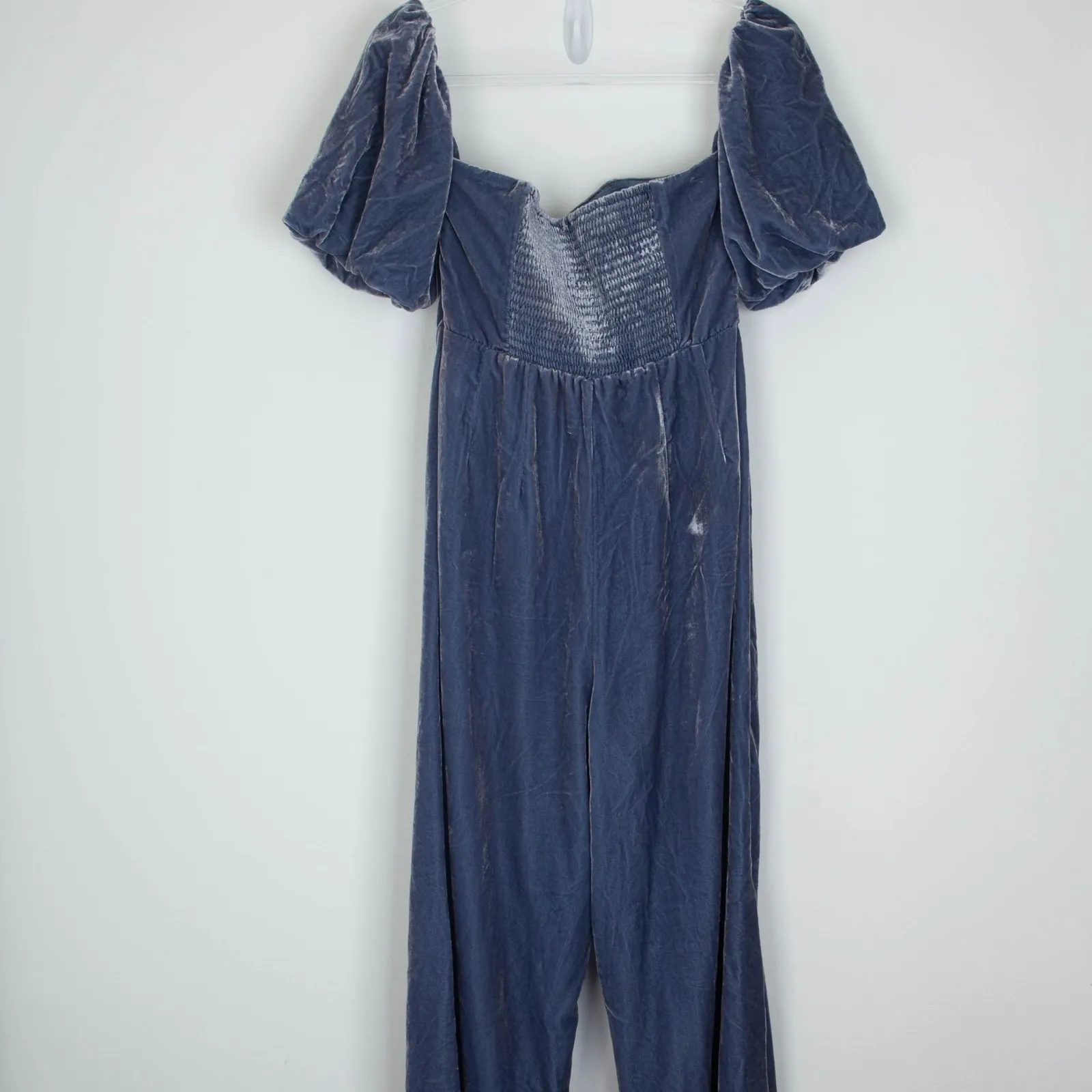 Anthropologie Velvet Jumpsuit Size 10 Blue Off Shoulder Ruched Wide Leg Occasion - Image 9