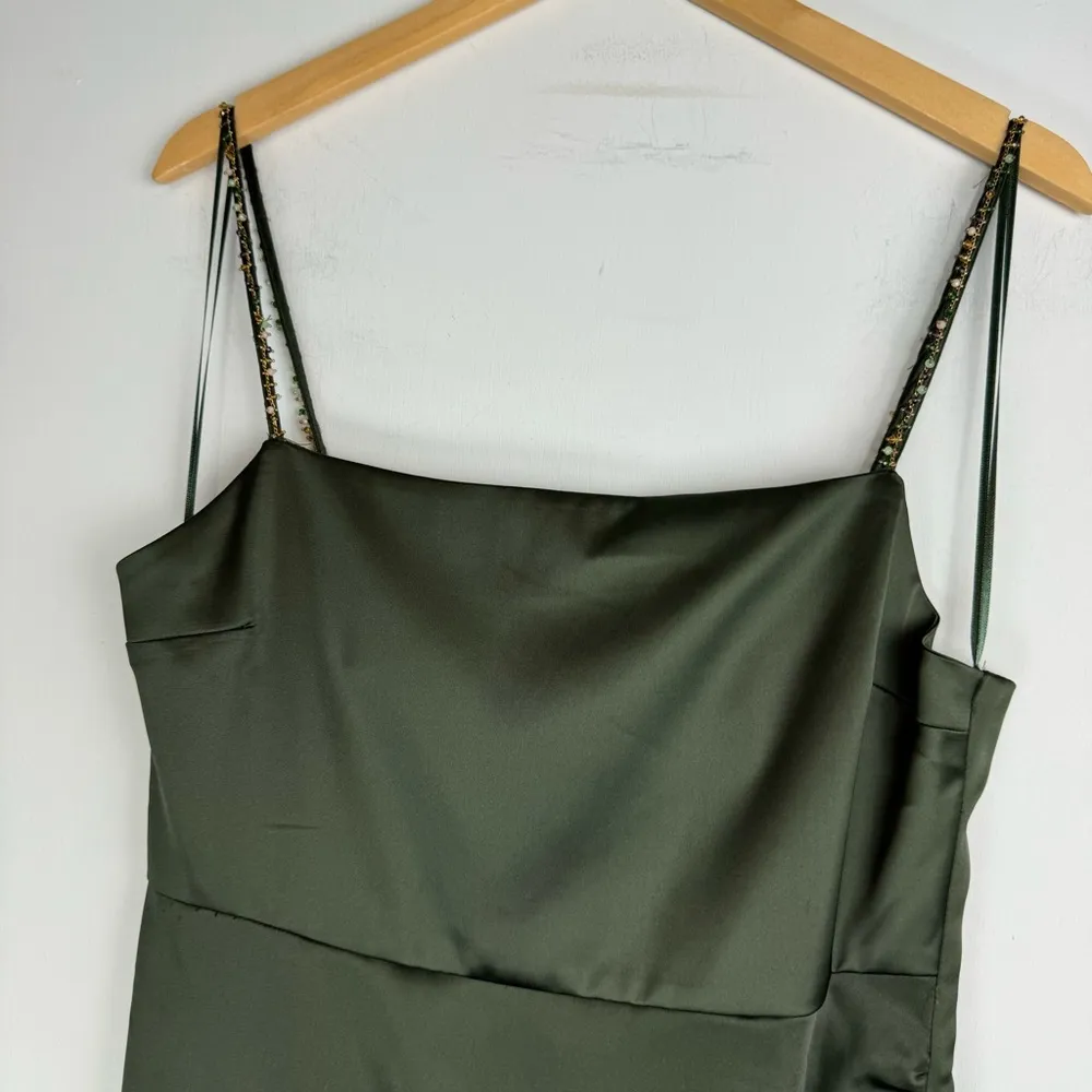 NWT Zara Green Satin Effect Midi Wrap Dress Sz Large Beaded Straps - Image 6