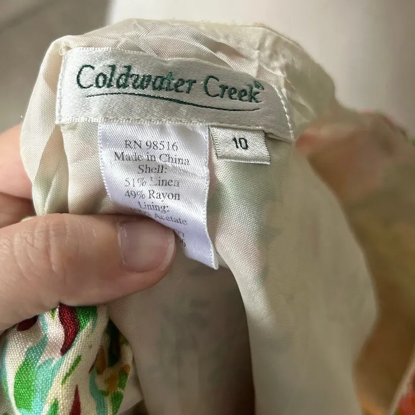 Vintage 90s Coldwater Creek Green Pink Floral Linen Button Front Midi Dress - Image 5