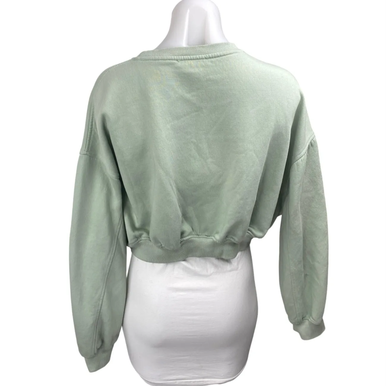 Zara Women's Green Fleece Long Sleeve Crew Neck Cropped Sweatshirt Top Size L - Image 2
