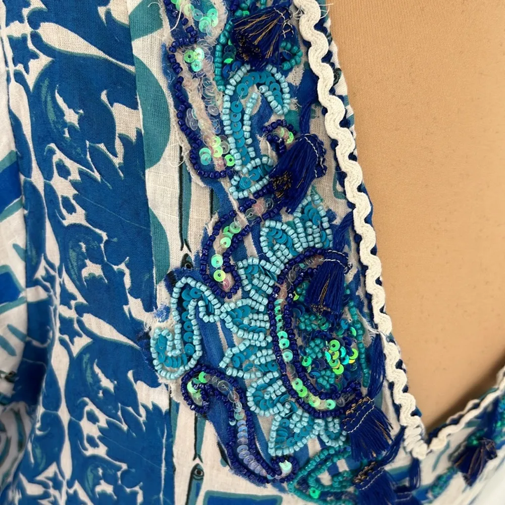 Antica Santoria by Giacomo Cinque Blue/White Beaded Tassel Dress Blue Size undefined - Image 9